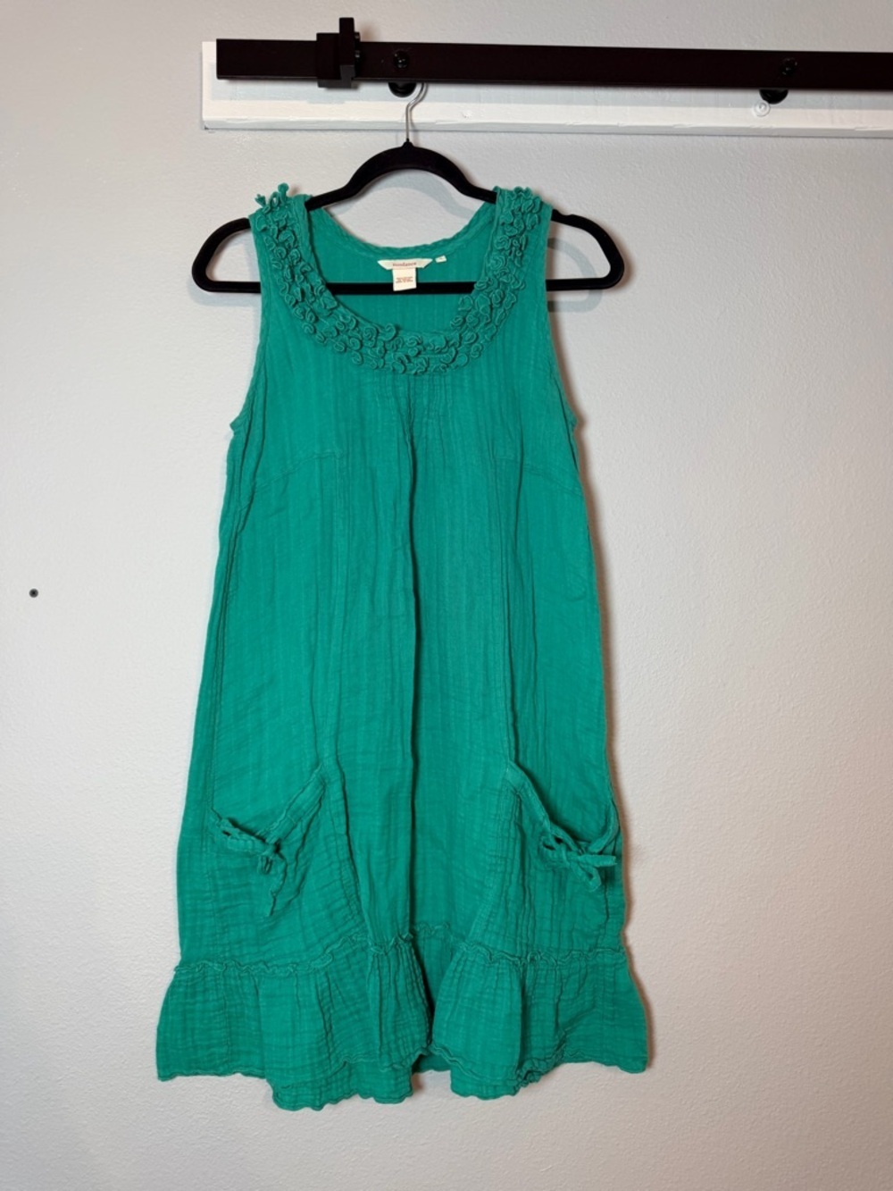 Sundance Gauze Cotton Sleeveless Dress Green Small Ruffles Knee Length Vacation
